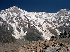 
We walked a little farther from Herligkoffer Base Camp (3656m) onto the Bazhin Glacier with the Nanga Parbat Rupal Face and the ridge to Rakhiot Peak towering above. Gunther Messner letter home June 15, 1970: To the north, directly above us, is the Rupal Flank  4500m to the summit. It is unbelievably impressive. (The Naked Mountain by Reinhold Messner)
